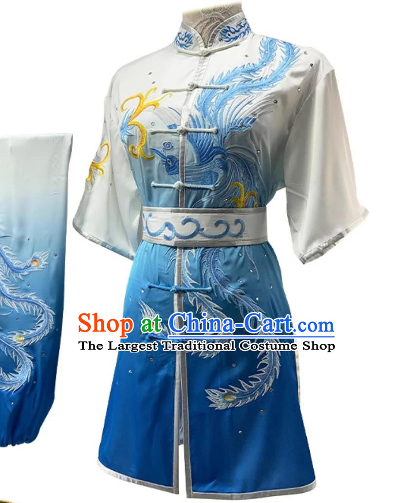 Professional Long Fist Wushu Competition Blue Outfit Embroidery Phoenix Martial Arts Changquan Costume
