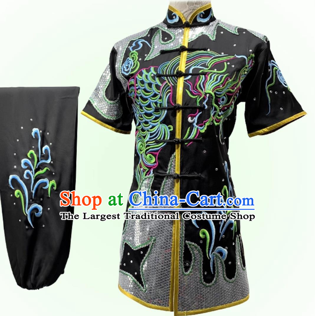 Embroidery Sequins Martial Arts Costume Professional Changquan Performance Black Uniform Wushu Competition Outfit