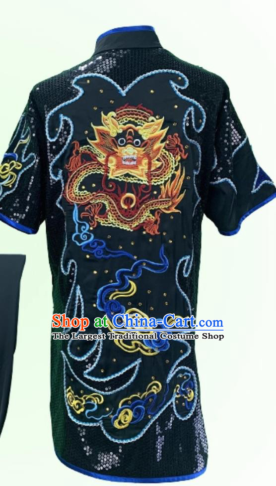 Professional Changquan Performance Black Uniform Wushu Competition Outfit Embroidery Sequins Martial Arts Costume