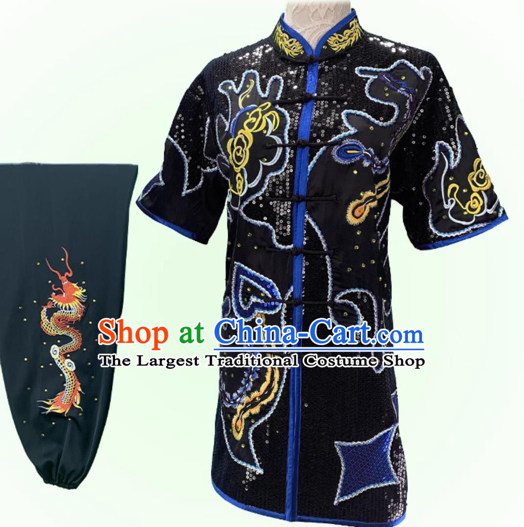 Professional Changquan Performance Black Uniform Wushu Competition Outfit Embroidery Sequins Martial Arts Costume
