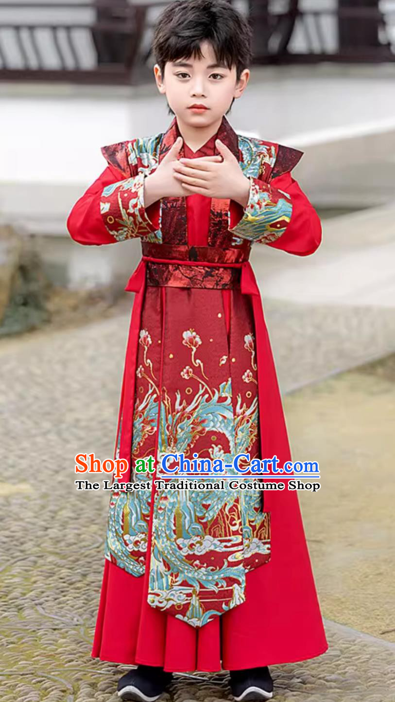 Traditional Chinese Boys Costume Ancient Scholar Red Outfit Handsome Young Master Performance Wear