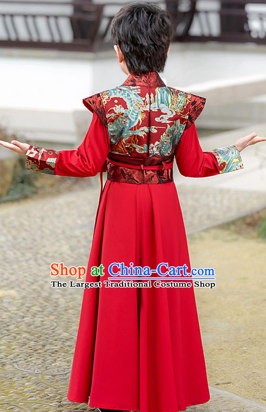 Traditional Chinese Boys Costume Ancient Scholar Red Outfit Handsome Young Master Performance Wear