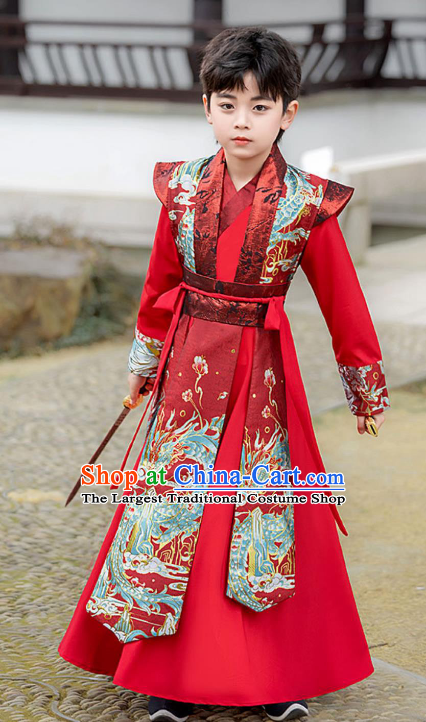 Traditional Chinese Boys Costume Ancient Scholar Red Outfit Handsome Young Master Performance Wear