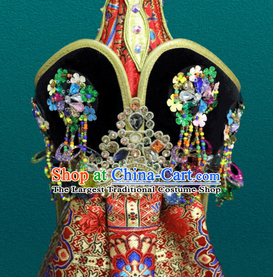 Ladies Red Premium Headpiece Chinese Mongolia Show Braid Performance Hair Accessory Forehead Ornament