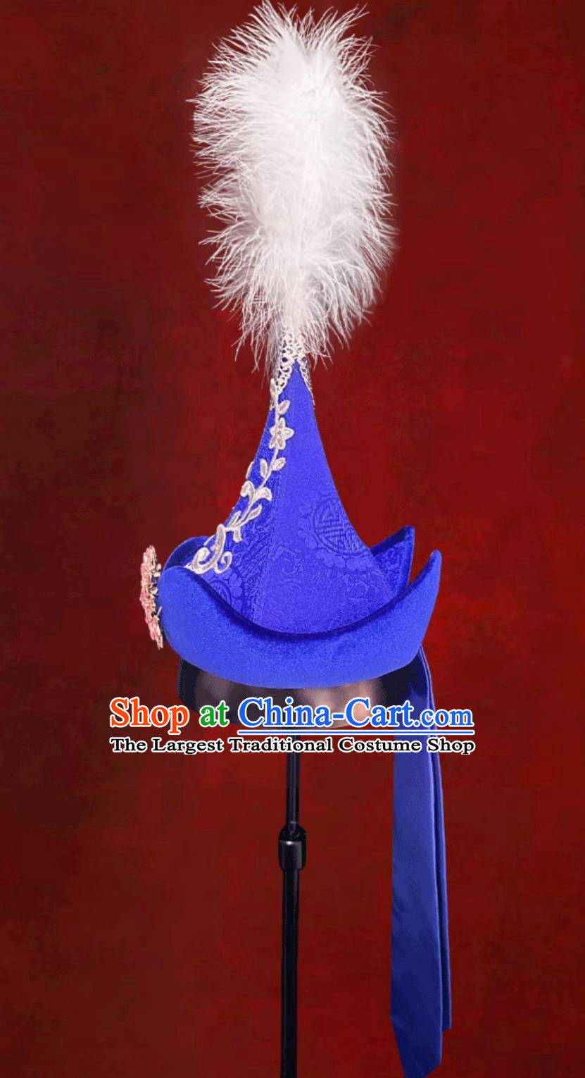 Mongolian Ladies Forehead Pointed White Fuzzy Hat Chinese Ethnic Dance Performance Hair Accessory