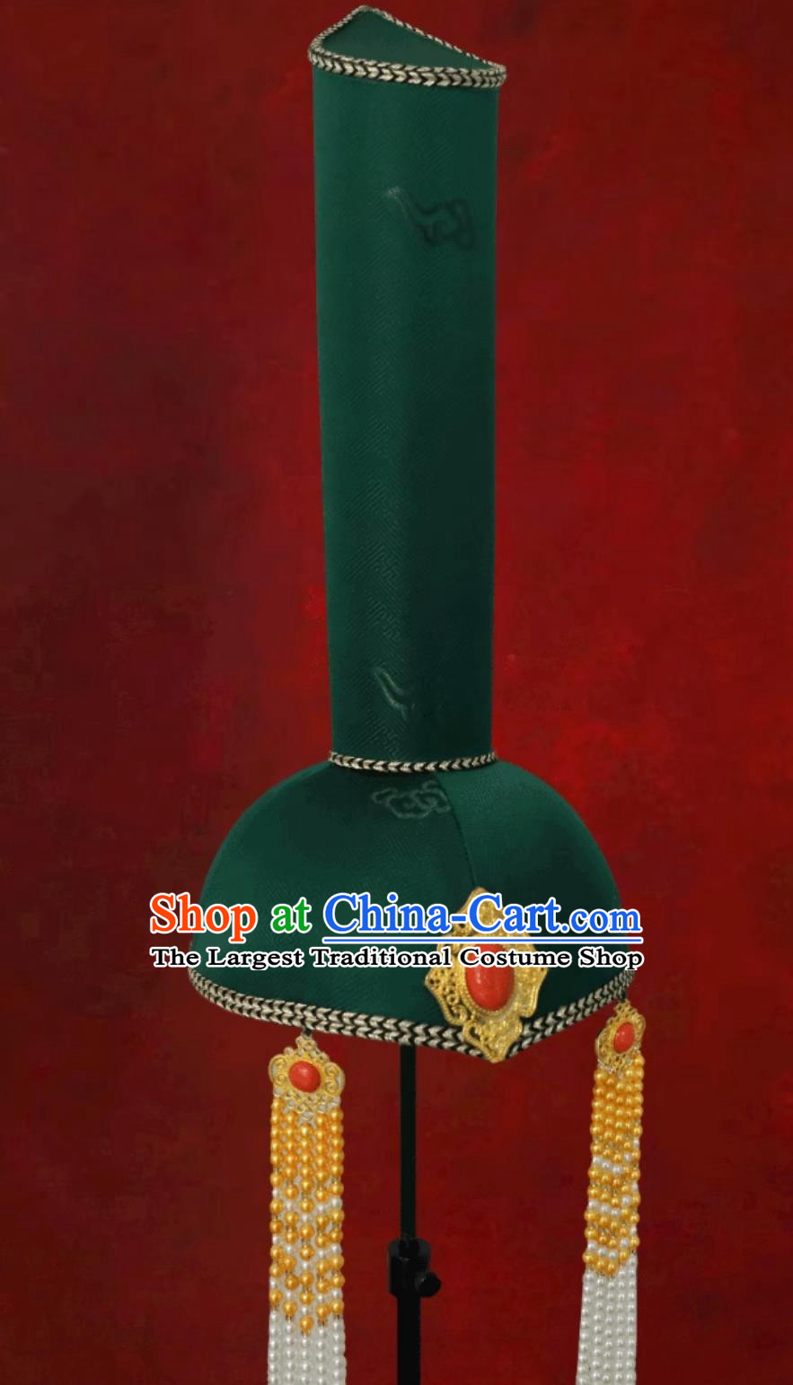 Mongolian Ladies Green Tassel High Top Hat Chinese Dance Performance Wedding Show Headpiece