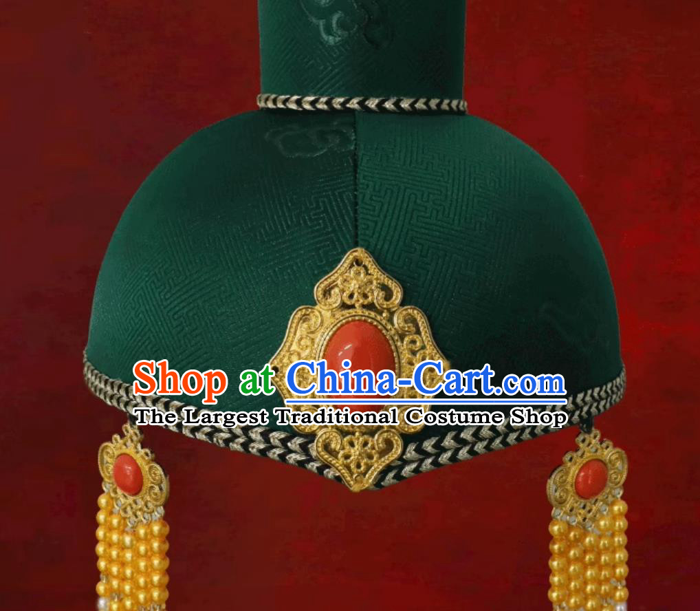 Mongolian Ladies Green Tassel High Top Hat Chinese Dance Performance Wedding Show Headpiece