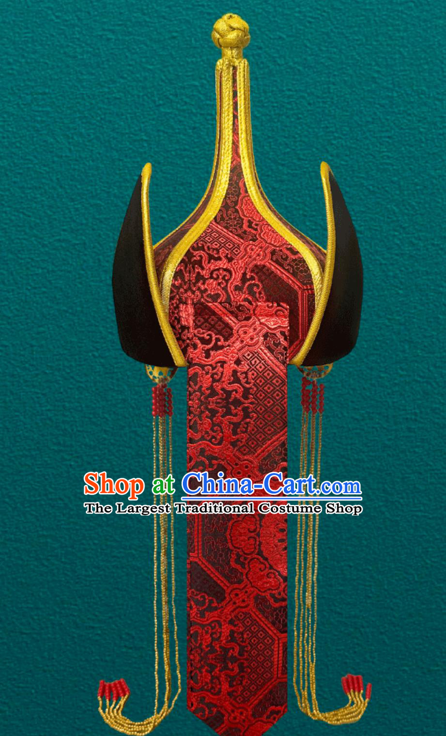 Red Mongolian Ethnic Tassel Headpiece Pointed Top Chinese Mongolia Dance Performance Hair Accessory Forehead Hat
