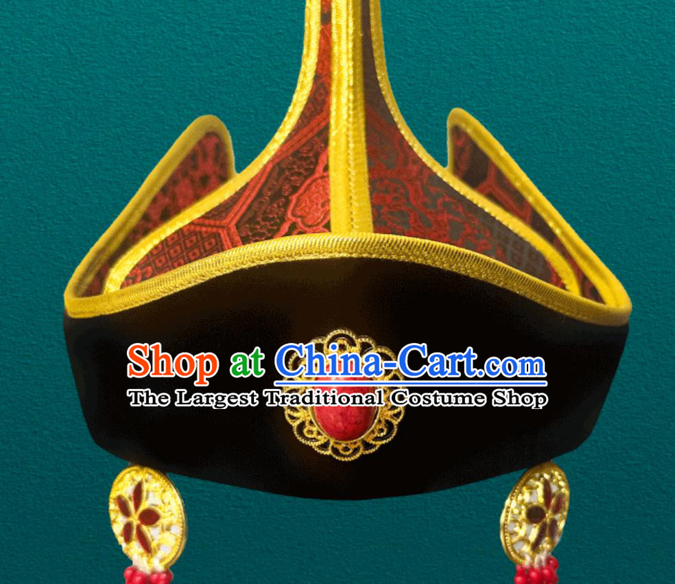 Red Mongolian Ethnic Tassel Headpiece Pointed Top Chinese Mongolia Dance Performance Hair Accessory Forehead Hat