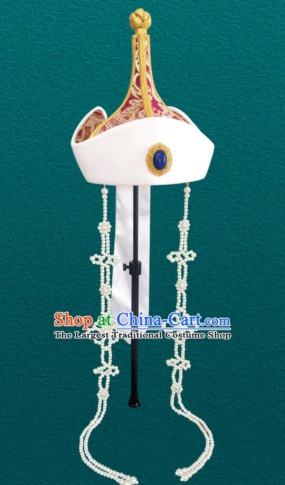 Pink Gold Girl Mongolian Ethnic Tassel Headpiece Pointed Top Chinese Mongolia Dance Performance Forehead Hat