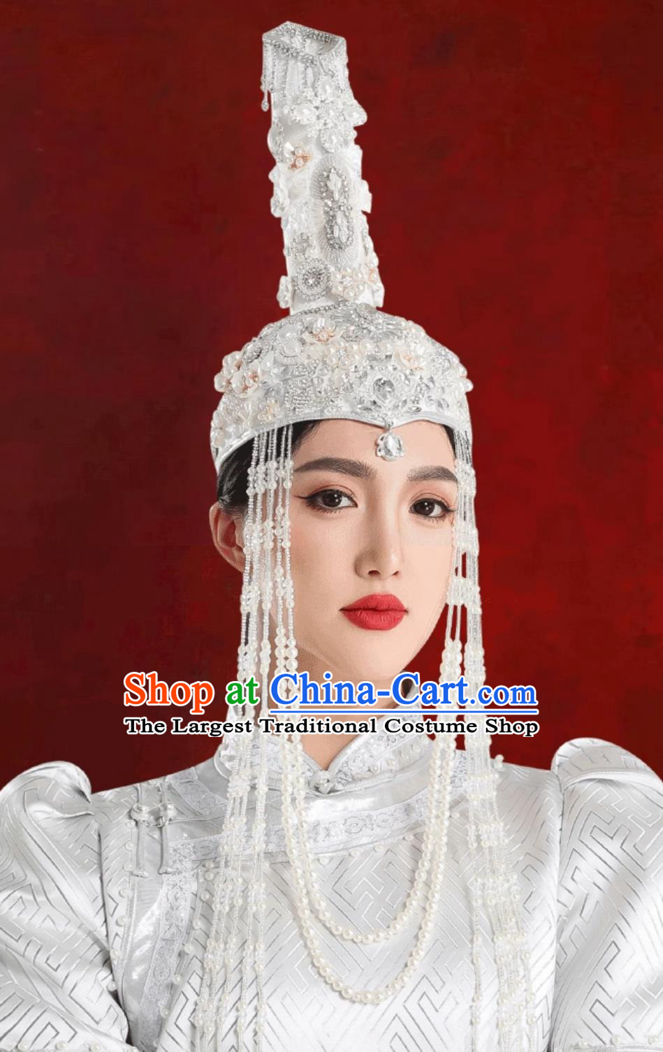 Mongolian Ladies White Tassel High Top Hat Dance Performance Headwear Chinese Mongol Wedding Show Headpiece
