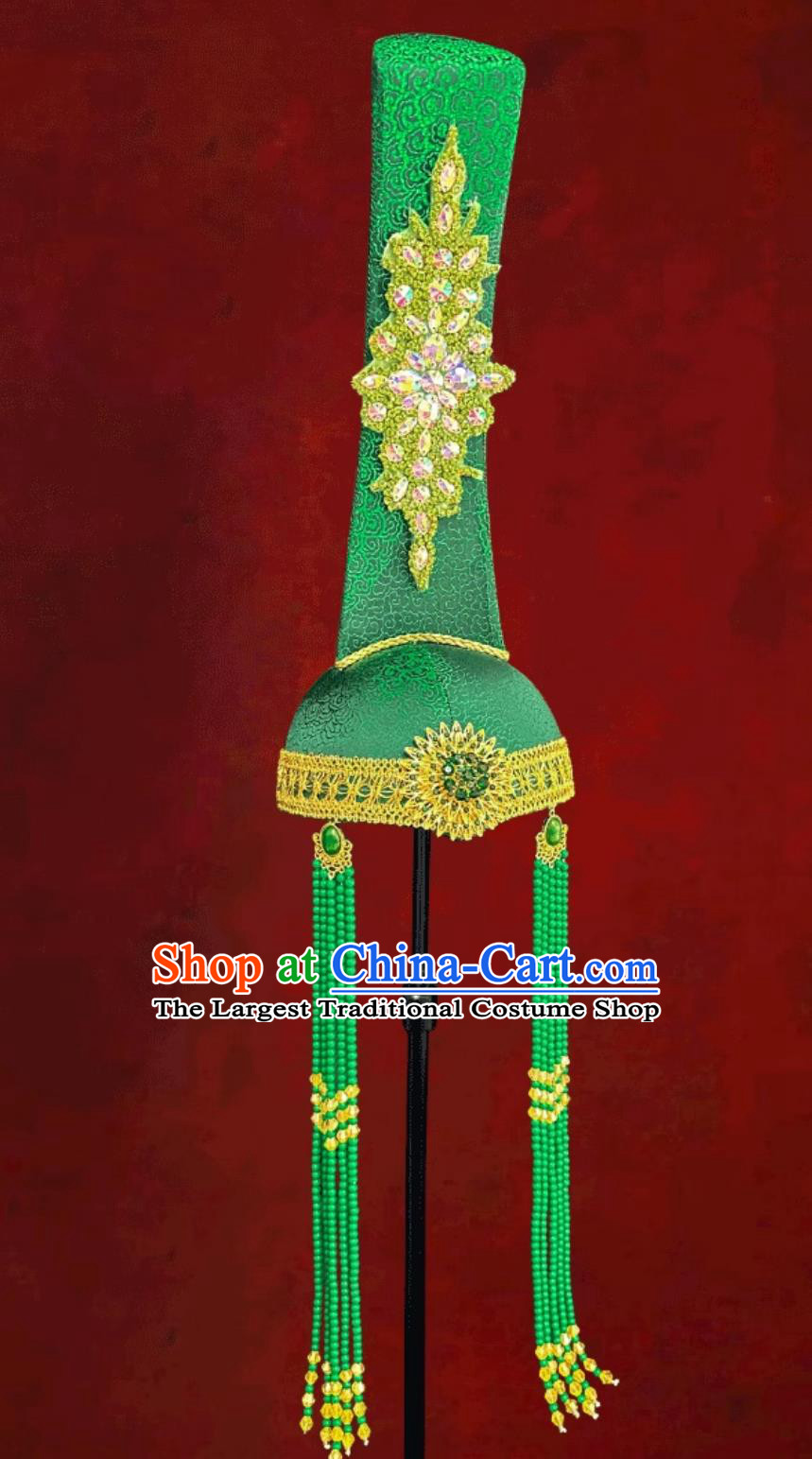 Mongolian Ladies Green Tassel High Top Hat Dance Performance Wedding Show Headpiece