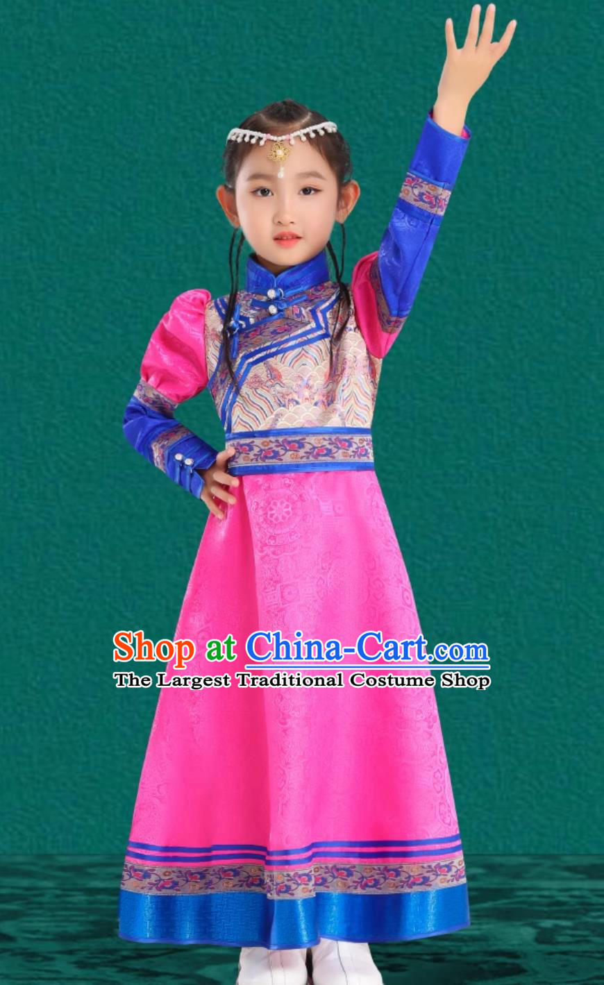 Pink Girls Mongolian Robe Chinese Mongolia Ethnic Minority Dress Stage Performance Costume
