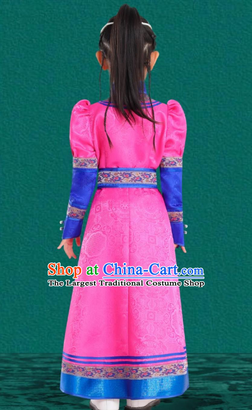 Pink Girls Mongolian Robe Chinese Mongolia Ethnic Minority Dress Stage Performance Costume