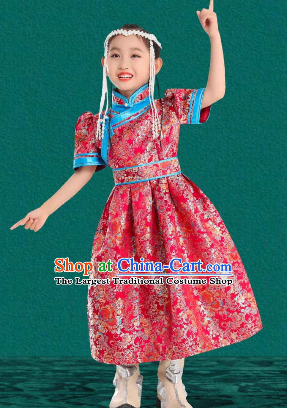 Red Girl Daily Wear Mongolian Robe Chinese Mongolia Ethnic Stage Costume Performance Dress