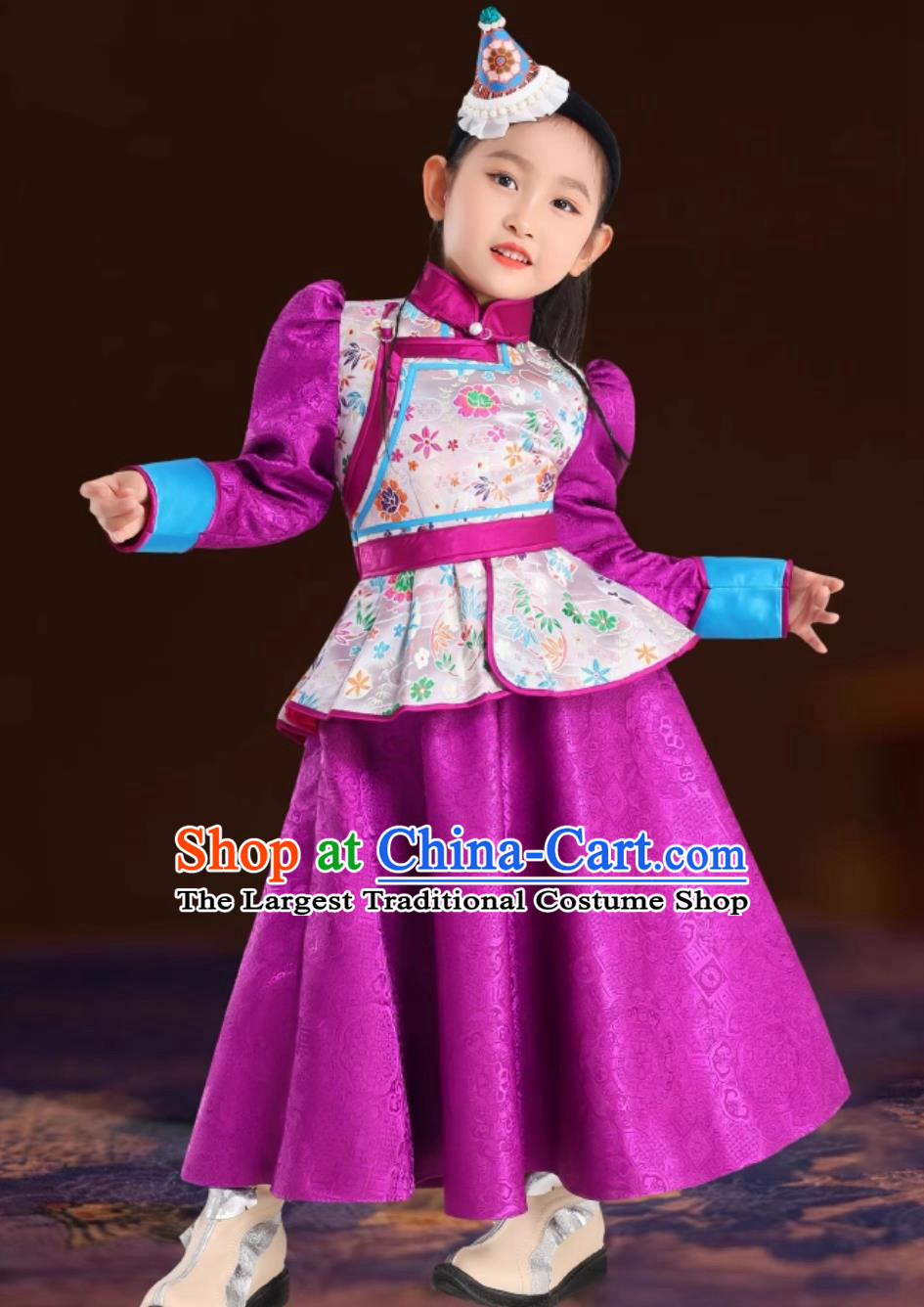 Purple Girls Mongolian Robe Mongolia Ethnic Dress Stage Costume Performance Princess Dress
