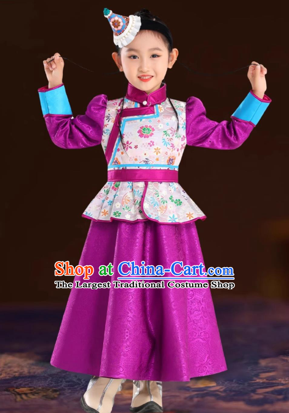 Purple Girls Mongolian Robe Mongolia Ethnic Dress Stage Costume Performance Princess Dress