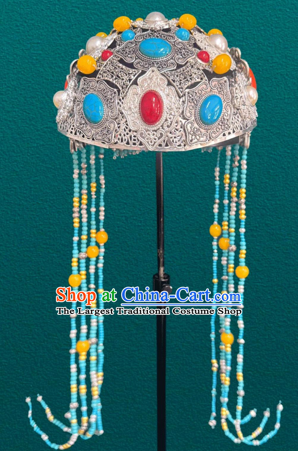 Mongolian Ladies Silver Hat Chinese Mongolia Ethnic Dance Performance Hair Jewelry Wedding Show Headpiece
