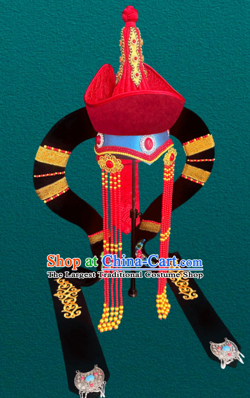 Ladies Mongolian Burgundy Horn Braid Hat Ethnic Minority Headpiece Torgut Barga Headwear