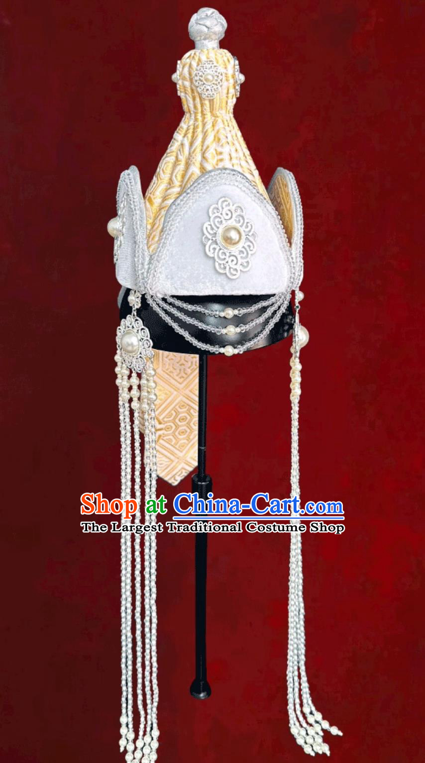 Mongolian Ladies Light Yellow Hat Mongolia Ethnic Dance Performance Headpiece