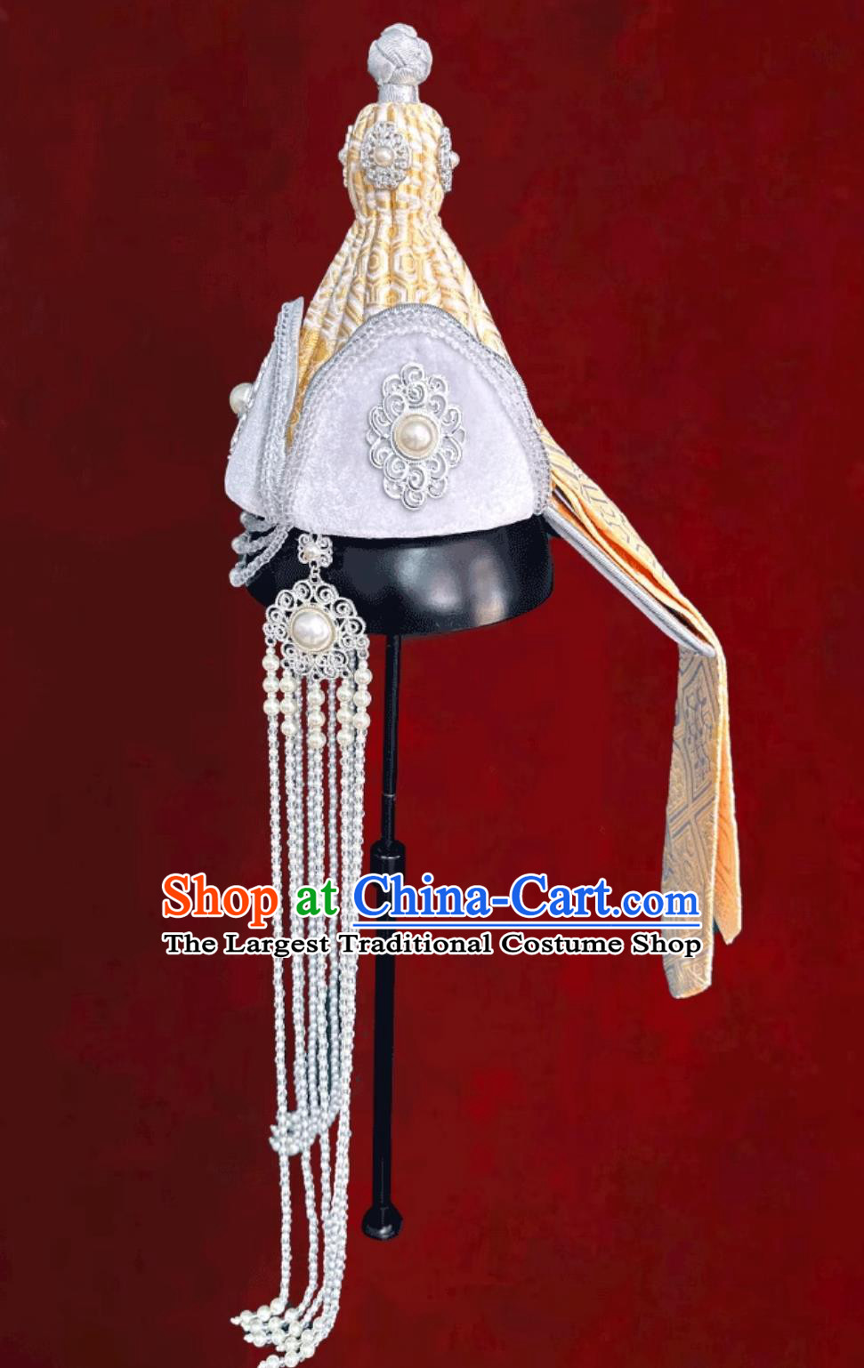 Mongolian Ladies Light Yellow Hat Mongolia Ethnic Dance Performance Headpiece