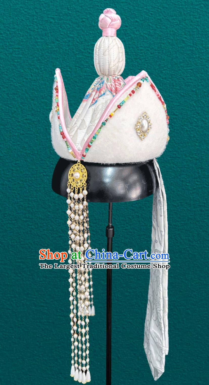 Mongolian White Tassel Ethnic Hat Chinese Dance Performance Wedding Show Headpiece