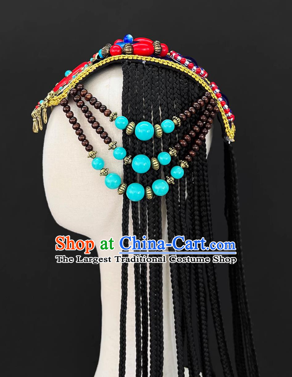 Tibetan Style Female Performance Headdress Chinese Zang Ethnic Dance Wig Braids Headpiece
