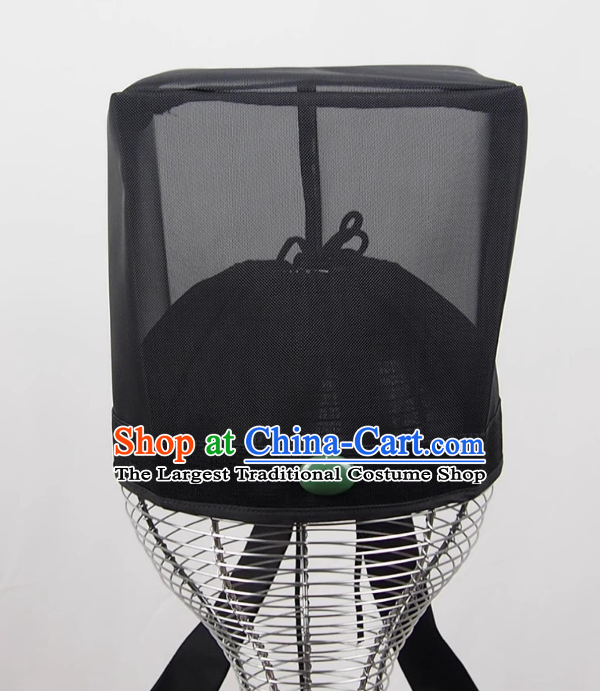 Ming Dynasty Square Scarf Chinese Confucian Black Veil Hat Mens Taoist Jade Decorated Flat Top Headwear