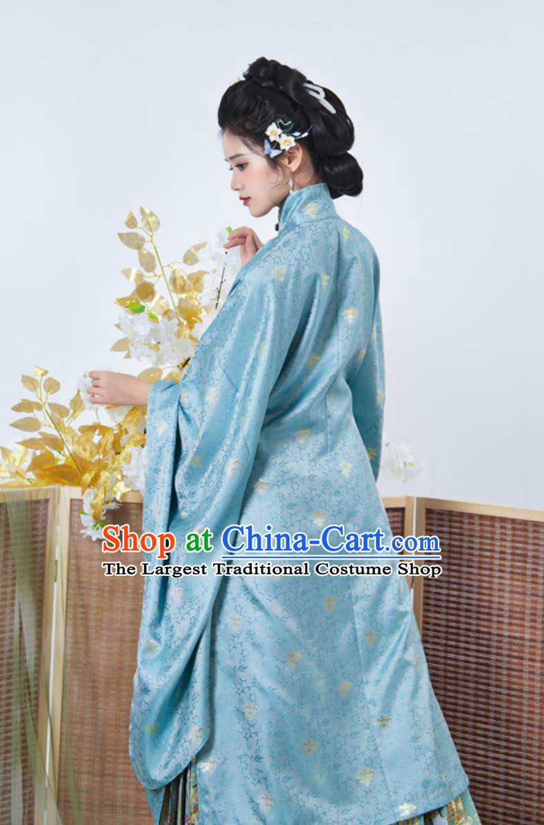 Ming Dynasty Hanfu Chinese Women Standing Collar Wide Sleeve Long Gown and Brocade Horse Face Skirt Complete Set