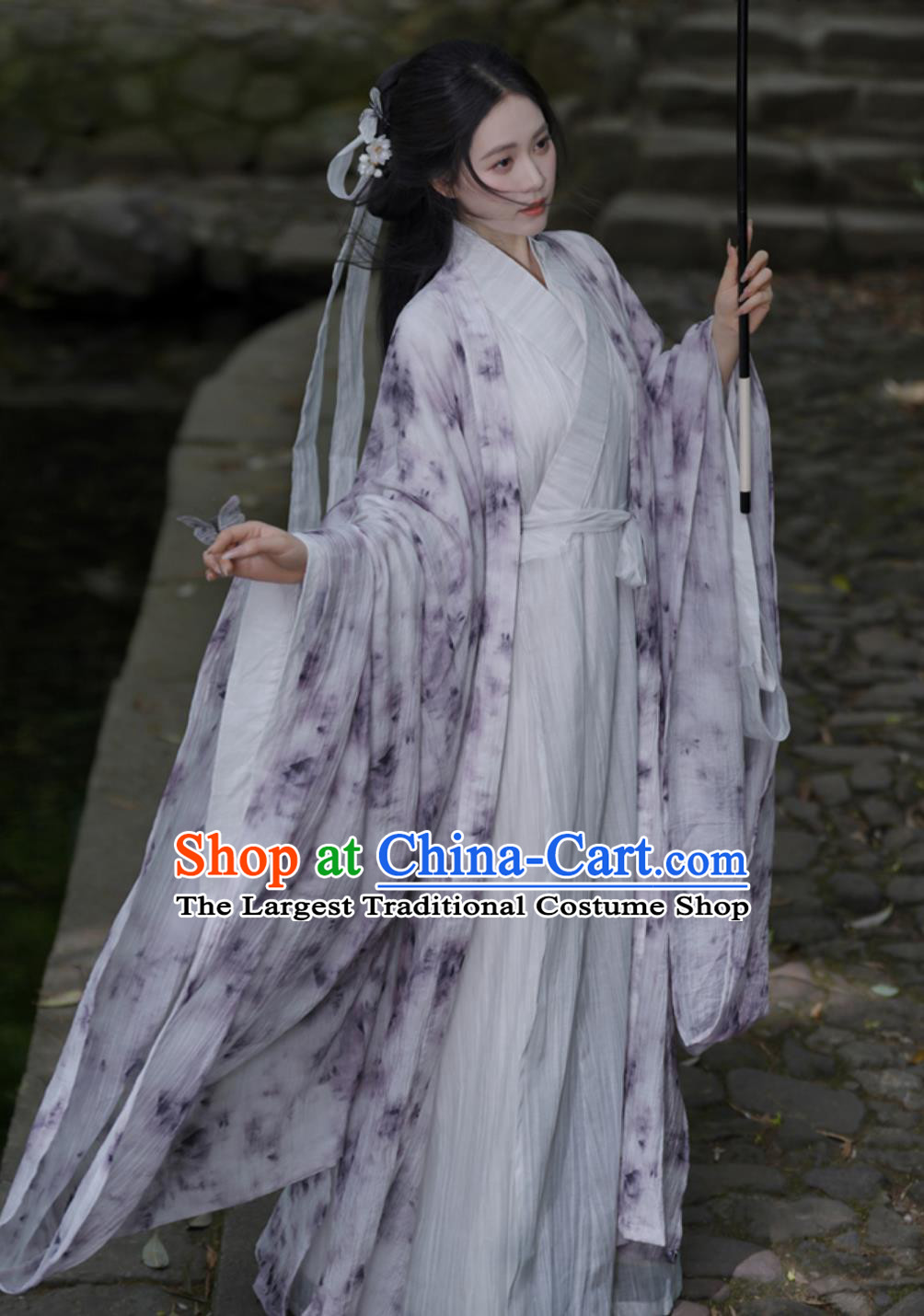 Wei Jin Style Printed Wide Sleeve Robe Traditional Chinese Clothing Cross Collar Straight Hem Hanfu Robe