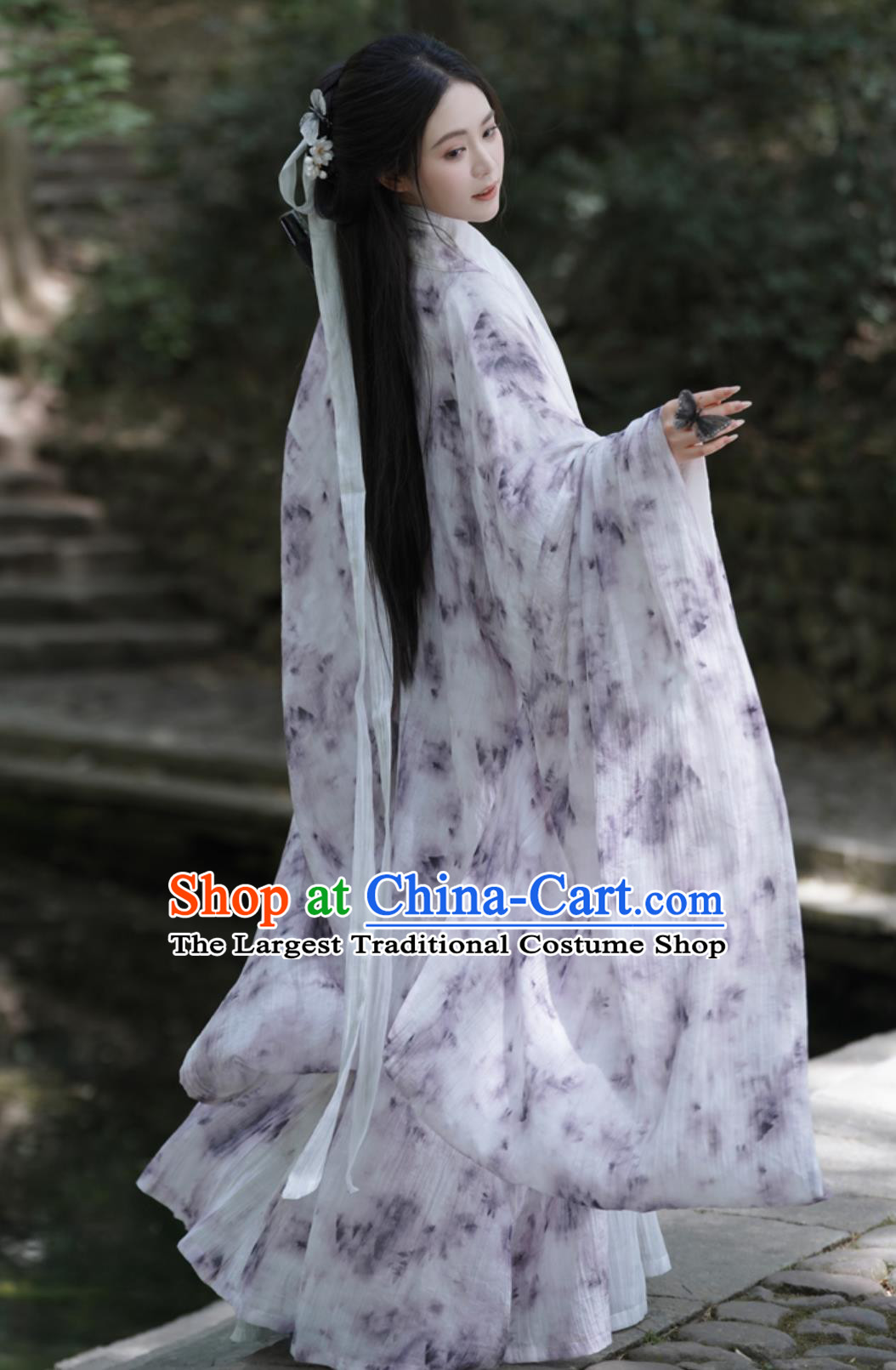 Wei Jin Style Printed Wide Sleeve Robe Traditional Chinese Clothing Cross Collar Straight Hem Hanfu Robe