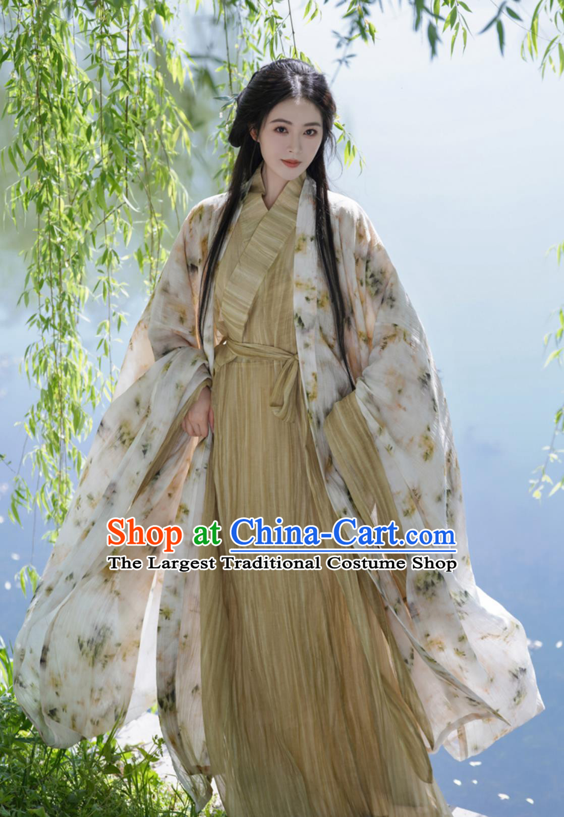 Traditional Chinese Clothing Wei Jin Style Printed Wide Sleeve Robe Cross Collar Straight Hem Hanfu Robe
