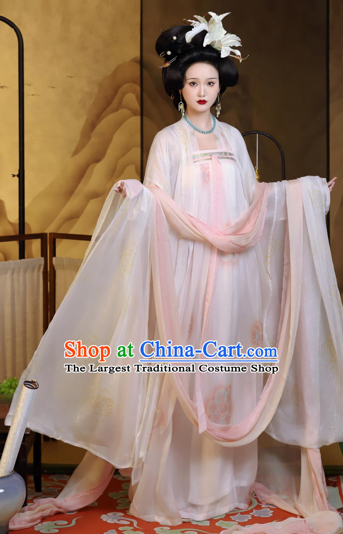 Traditional Chinese Hanfu Dress Ancient Palace Empress Clothing Tang Dynasty Silk Wide Sleeve Cape High Waisted Ruqun Set