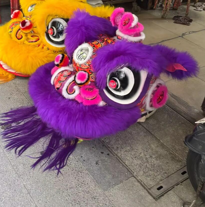 Handmade Chinese Lion Dance Equipment Traditional Festival Lion Performance Props Purple Wool Hok San Lion Dance Costume