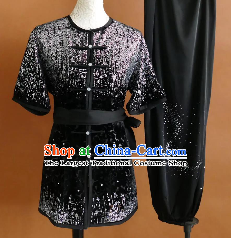 Chinese Kung Fu Competition Performance Clothing Sparkling Nanquan Uniform Black Lace Martial Arts Suit