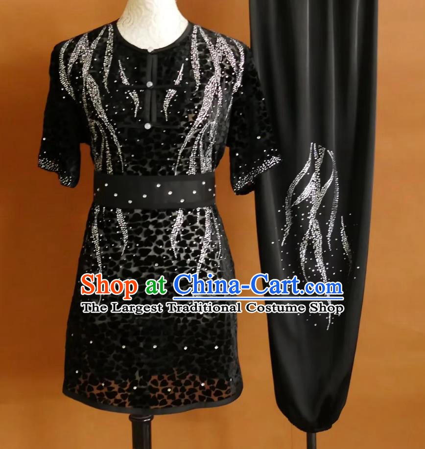 Wushu Clothing Changquan Group Performance Attire Black Lace Martial Arts Costume Professional Kung Fu Competition Uniform