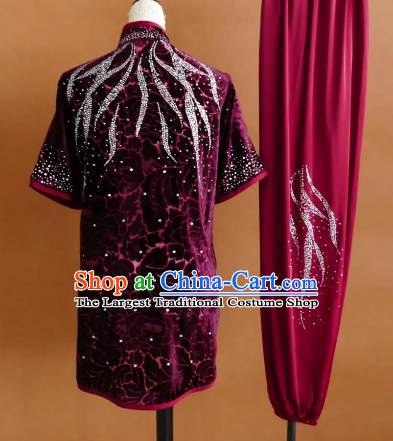 Professional Kung Fu Competition Uniform Wushu Clothing Changquan Group Performance Attire Bordeaux Red Lace Martial Arts Costume