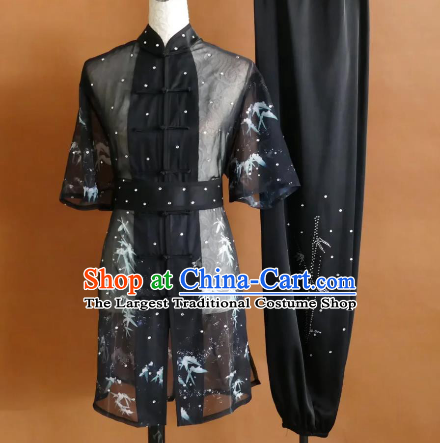 Bamboo Printed Transparent Martial Arts Costume Chinese Changquan Performance Uniform Professional Kung Fu Competition Clothing