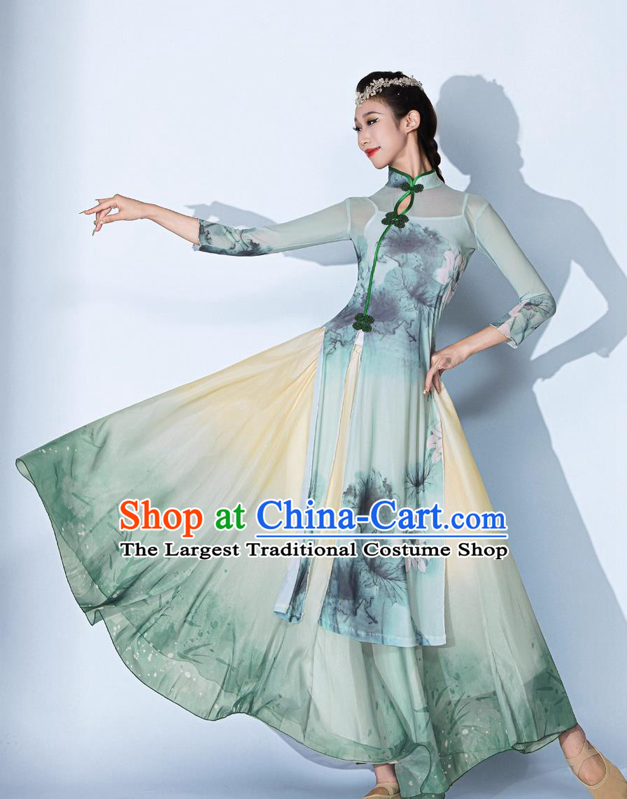 Qipao Classical Dance Performance Costume Chiffon Clothing Ink Painting Lotus Dance Performance Attire