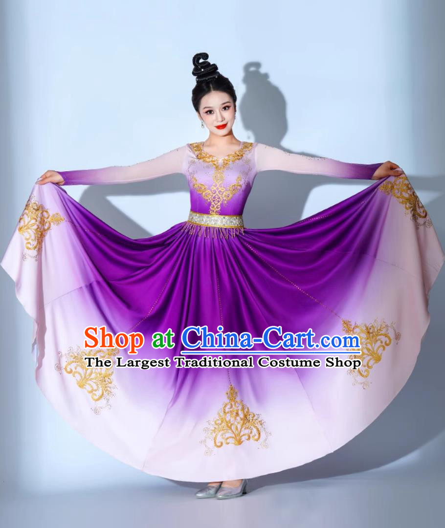 Xinjiang Dance Performance Costume Minority Ethnic Clothing Women Uyghur Dance Attire Purple Dress