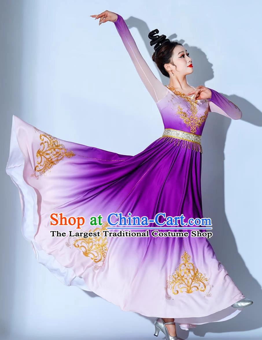 Xinjiang Dance Performance Costume Minority Ethnic Clothing Women Uyghur Dance Attire Purple Dress