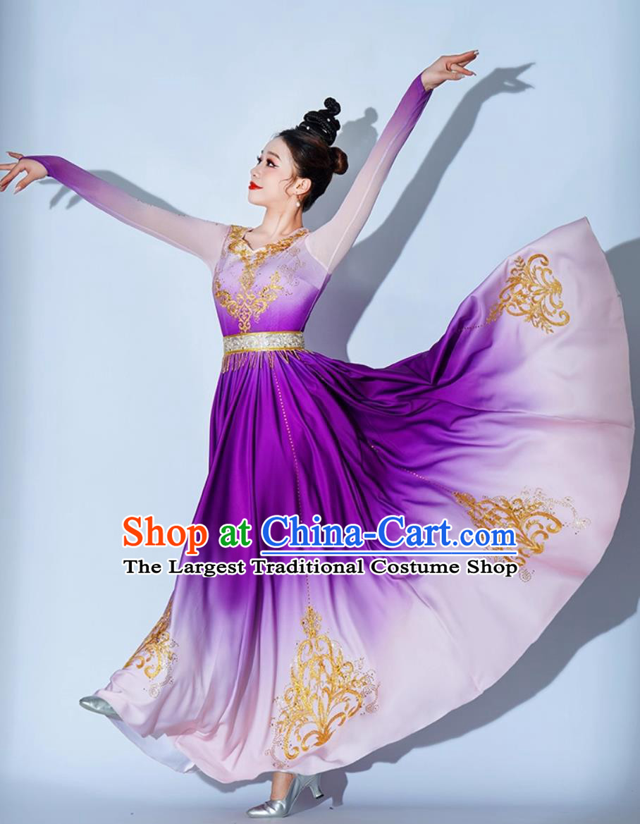 Xinjiang Dance Performance Costume Minority Ethnic Clothing Women Uyghur Dance Attire Purple Dress