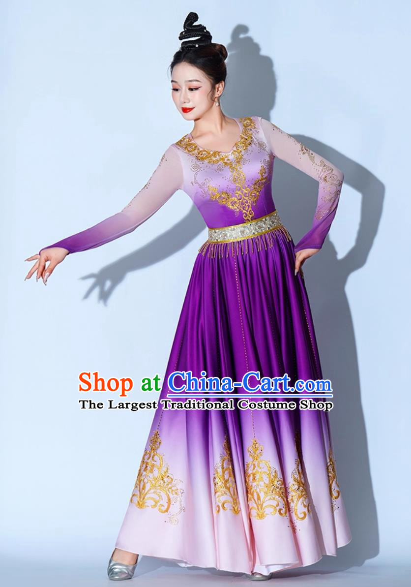 Xinjiang Dance Performance Costume Minority Ethnic Clothing Women Uyghur Dance Attire Purple Dress