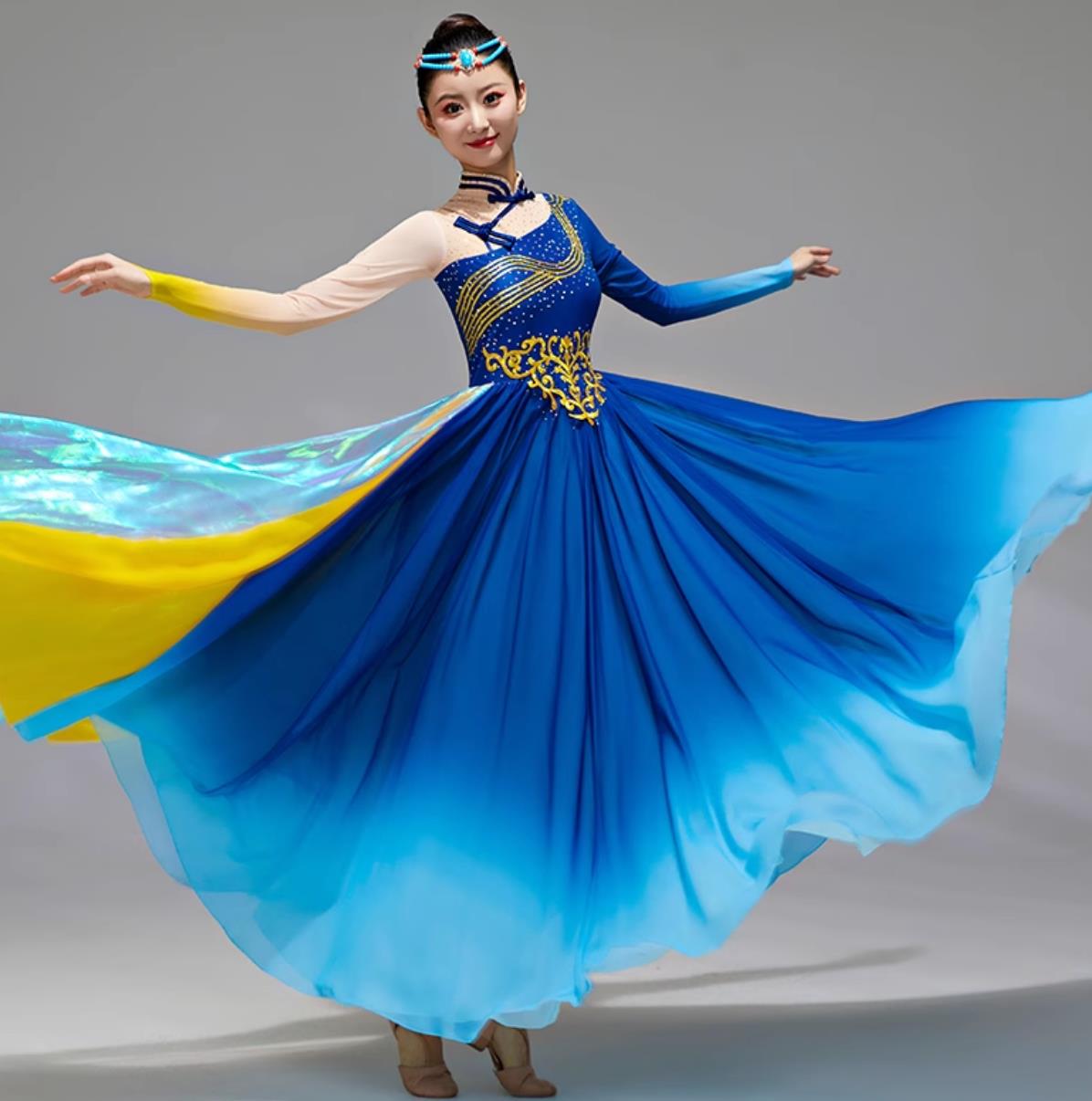 Xinjiang Dance Costume Uyghur Ethnic Dance Performance Outfit Chinese Stage Show Blue Dress