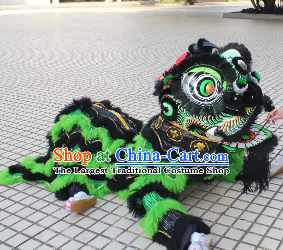 Black Toothbrush Hair Lion Head Traditional Chinese Lion Dance Clothing Handmade Festival Dancing Lion Green Costume Complete Set
