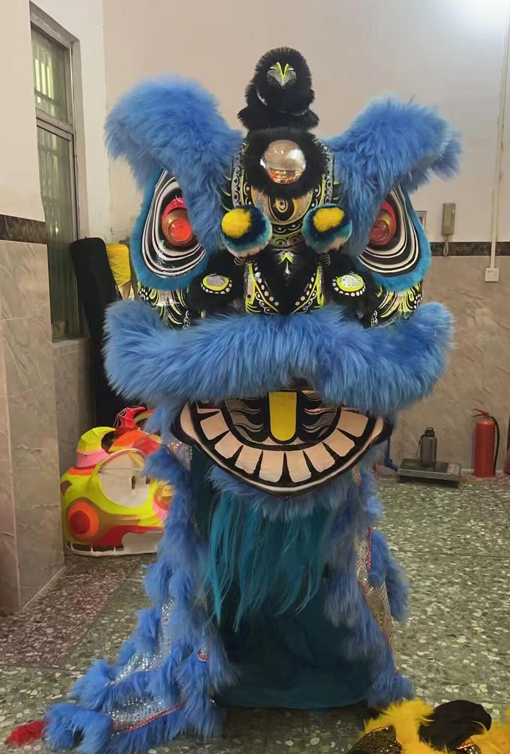 Blue Wool Fut San Lion Dance Clothing Handmade Chinese Lion Dance Head and Costume Complete Set