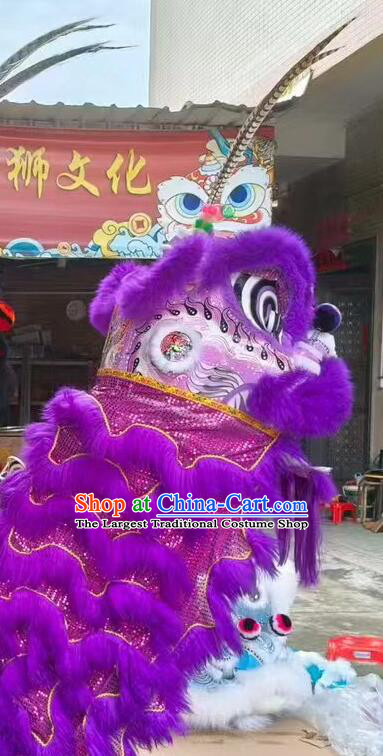 Purple Wool Lion Dance Clothing Handmade Chinese Long Feather Lion Head and Costume Complete Set