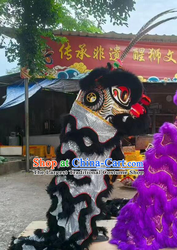 Black Wool Lion Dance Clothing Handmade Chinese Long Feather Lion Head and Costume Complete Set