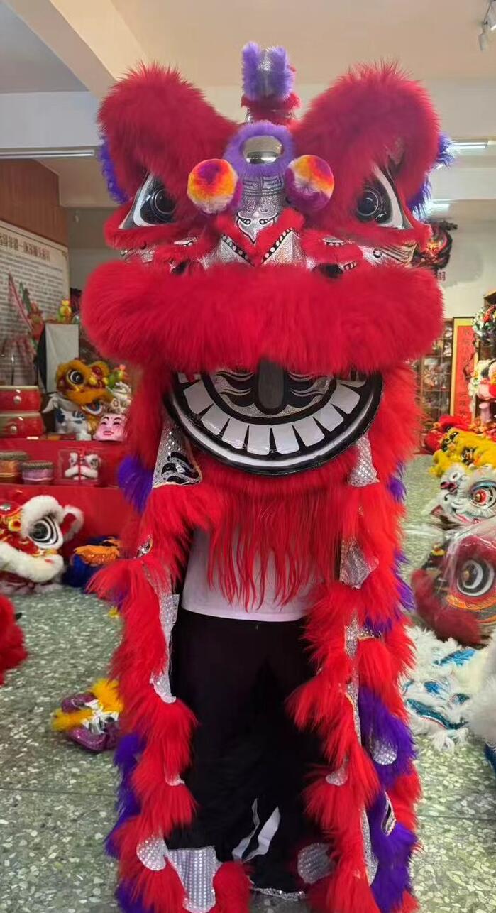 Handmade Chinese Hok San Lion Head and Costume Red Wool Lion Dance Clothing Complete Set