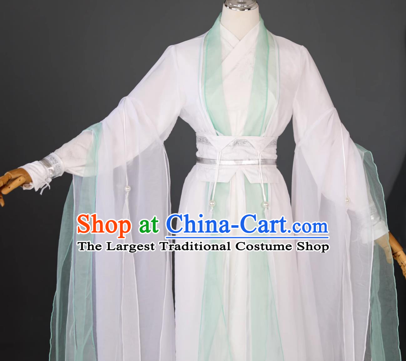 Cosplay Hero White and Green Outfit Traditional Wuxia Hanfu Clothing Ancient Chinese Swordsman Costume